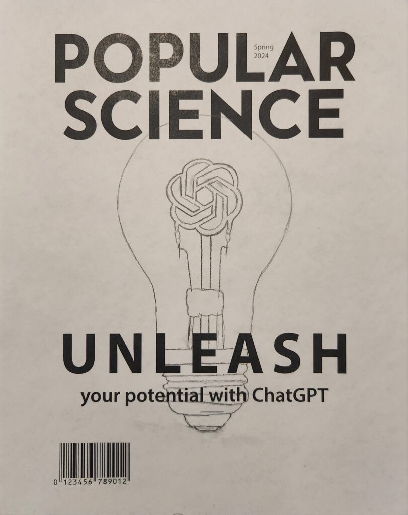 Spring 2024 issue of PopSci Magazine, featuring a lightbulb with the ChatGPT logo as tungsten filament.